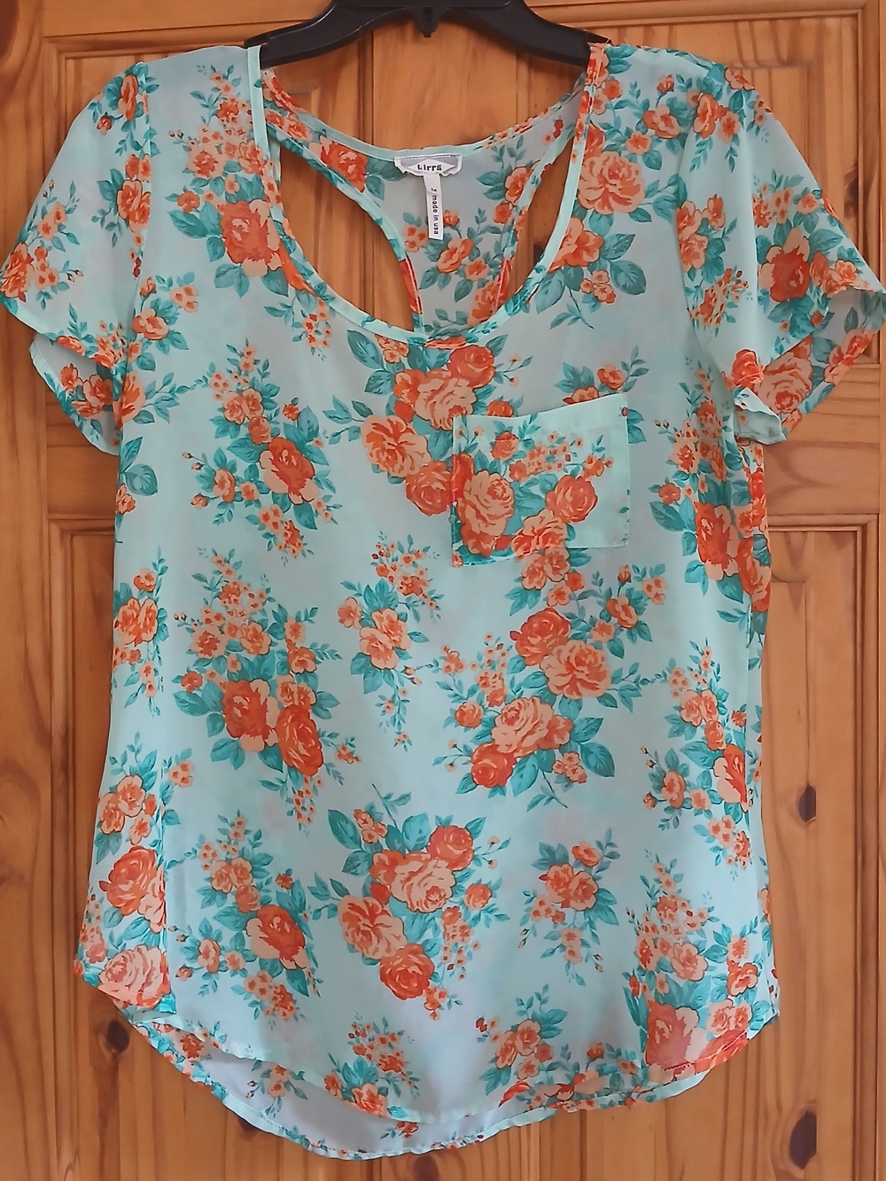 Kirra Light Green Floral Short Sleeve Blouse with Orange Roses and Green Leaves